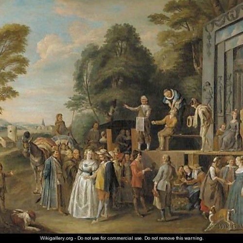 The Charlatans an outdoor theater with a quack doctor and an audience of gentry, monks and townsfolk